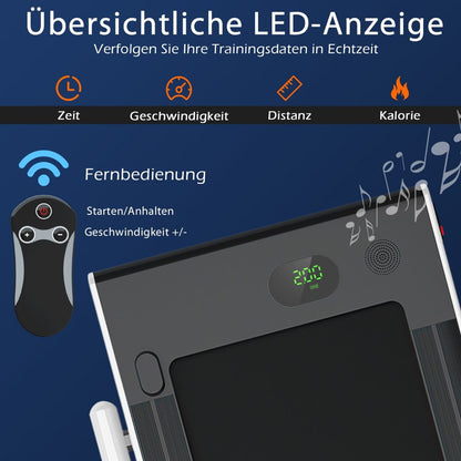 2-In-1 Faltbares Laufband Mit APP & Fernbedienung Handyhalter Led-Display Und Lautsprecher Weiß