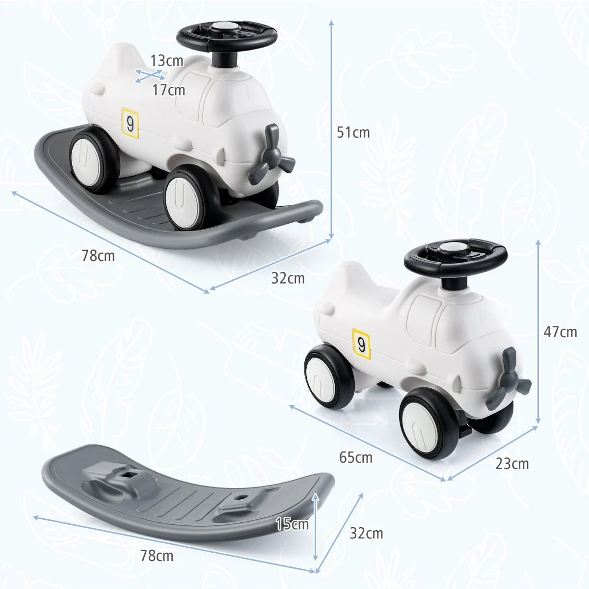 3 in 1 Schaukelpferd Schaukeltier & Rutschauto Mit Abnehmbarem Balance Board Weiß Flugzeug