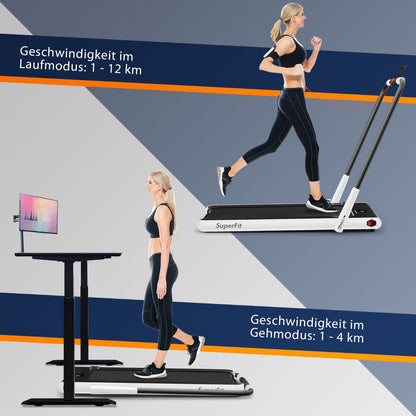 2-In-1 Faltbares Laufband Mit APP & Fernbedienung Handyhalter Led-Display Und Lautsprecher Weiß