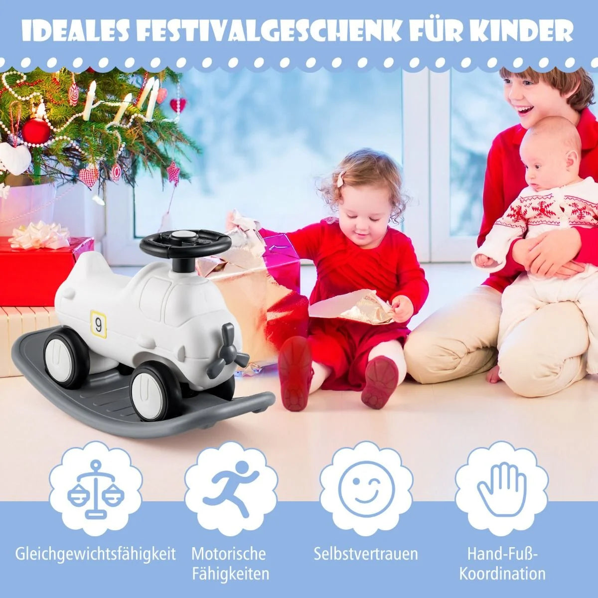 3 in 1 Schaukelpferd Schaukeltier & Rutschauto Mit Abnehmbarem Balance Board Weiß Flugzeug